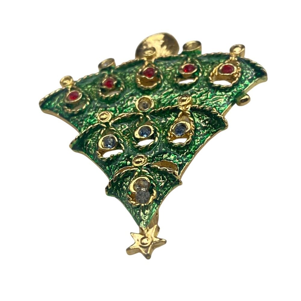 Vintage Gold Green Christmas Tree Brooch Rhinestone Ornaments Star Topper - Picture 6 of 7